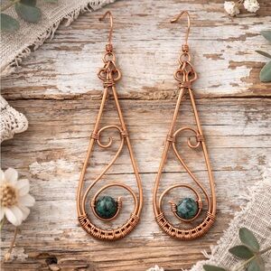 Copper Wire Earrings with Bead Accent